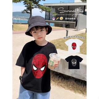 Cokids🌏การเปลี่ยนหน้า Spider-Man ผ้าฝ้ายแขนสั้นเสื้อยืดเด็กชายฤดูร้อนเด็กใหญ่การ์ตูนหลวมบางส่วนเสื้อเลื่อมเปลี่ยนสี