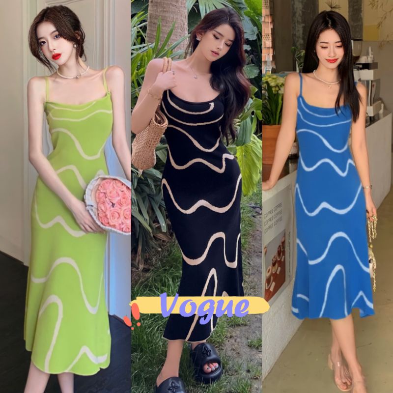 Vogue พร้อมส่ง ชุดเดรสไหมพรม สายเดี่ยว ผ้านิ่มยืดกำลังดี (28102) -C