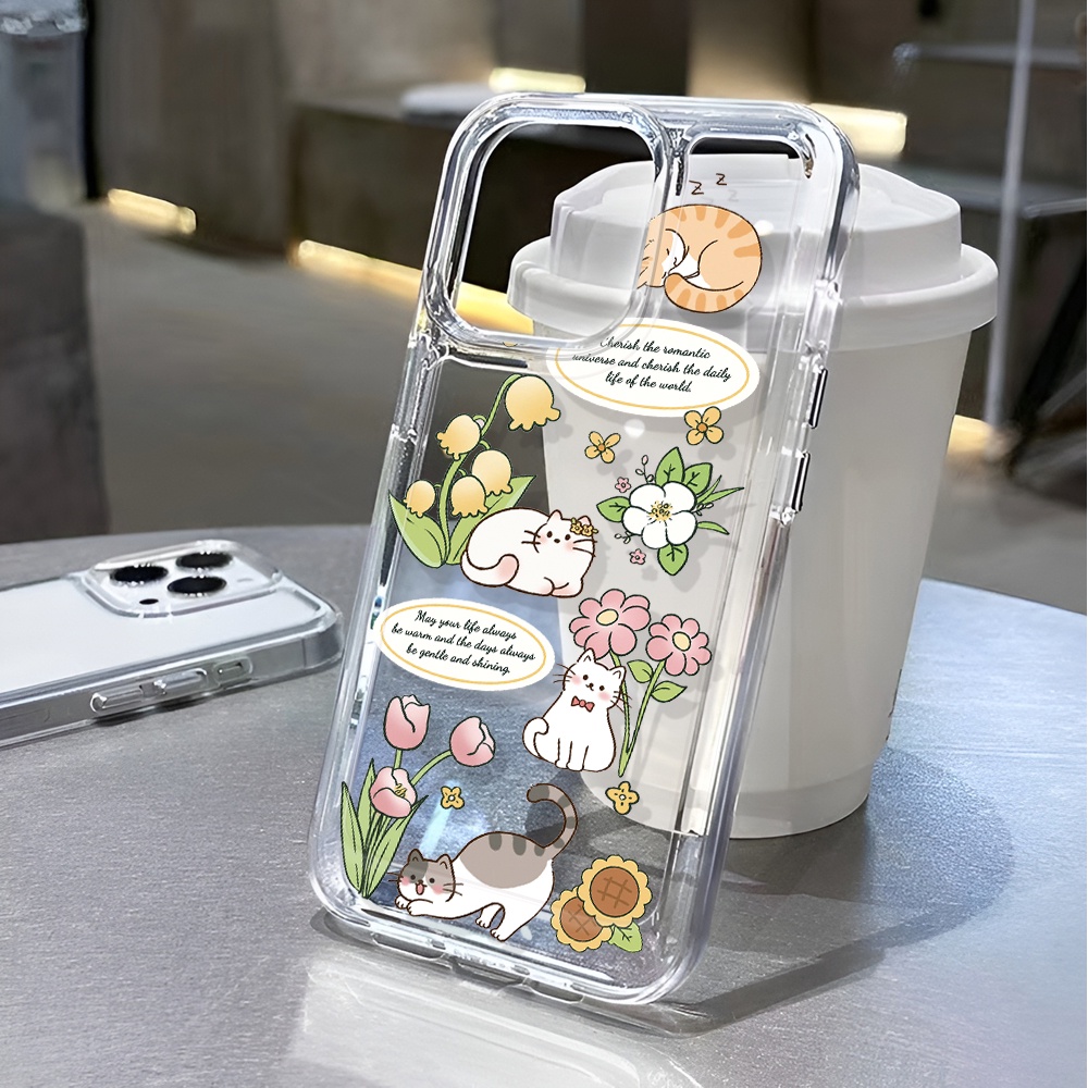 เคสโทรศัพท์มือถือ แบบใส ลายดอกไม้ แมวอวกาศ สําหรับ iphone 14 pro max 11 13 12 7 8 Plus X XR XSMax