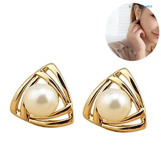 Calciumsp Women Faux Pearl Inlaid Double Triangle Crossover Ear Stud Earrings Jewelry Gift