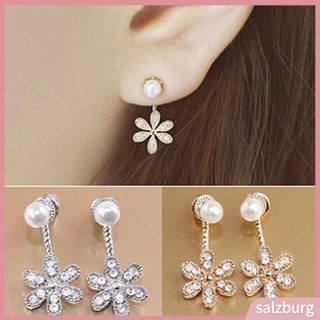 (salzburg) Women Korean Style Faux Pearl Ear Stud Rhinestone Crystal Flower Dangle Earrings