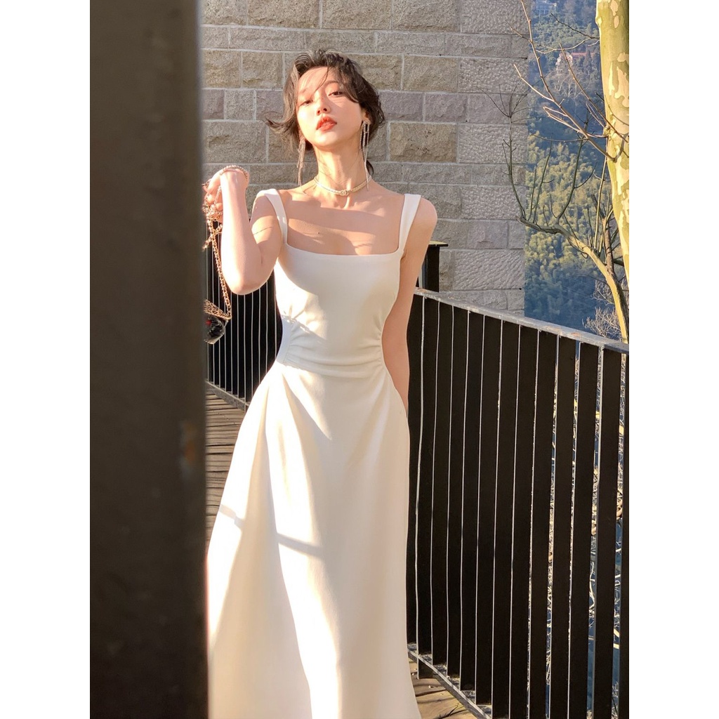 🌙ชุดเดรส,🌙ชุดเดรสสายเดี่ยวสีขาวจากช่วงเวลากระโปรงยาวเอวสไตล์ฝรั่งเศสทรงเอดีไซน์เฉพาะกลุ่ม