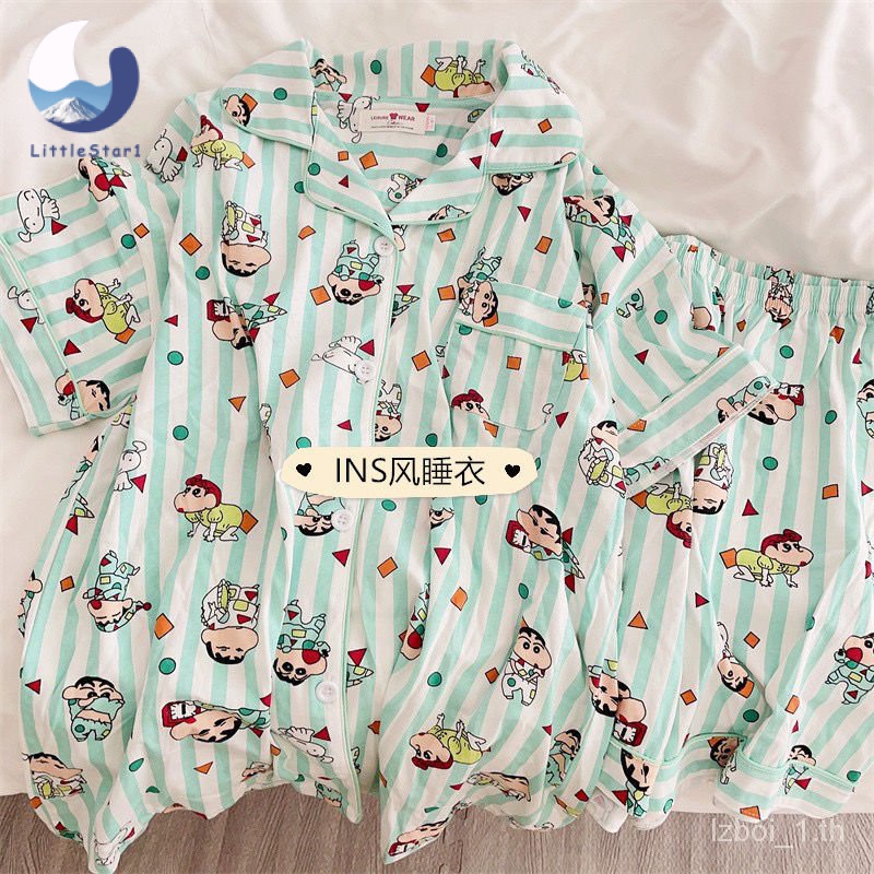 พร้อมส่ง แขนสั้นขาสั้น ลายการ์ตูน ผ้านิ่มมาก กระดุมหน้าคอปก Women's pajamas【LittleStar1】