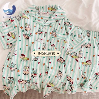 😍พร้อมส่ง แขนสั้นขาสั้น ลายการ์ตูน ผ้านิ่มมาก กระดุมหน้าคอปก Womens pajamas【LittleStar1】