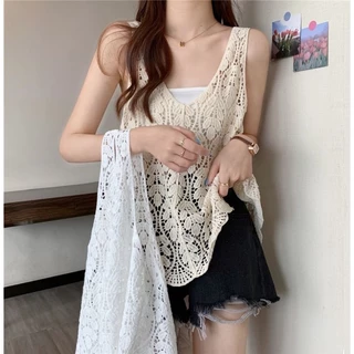 Vogue🌟พร้อมส่ง🌟 เสื้อกล้ามถักไหมพรม ลายใบไม้ ซีทรูเบาๆ (19122) -C
