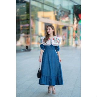 S-4XL 🏵️Maxi Dress ยีนส์ตารางแขนตุ๊กตาคอบัวแต่งระบายลูกไม้และปักดอก🏵️ tc 7078