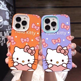 3 in 1 เคสโทรศัพท์มือถือ ซิลิโคนนุ่ม ลายเฮลโล คิตตี้ โบว์ สีพื้น สําหรับ iPhone 14Promax 13 12 11 7Plus X XR