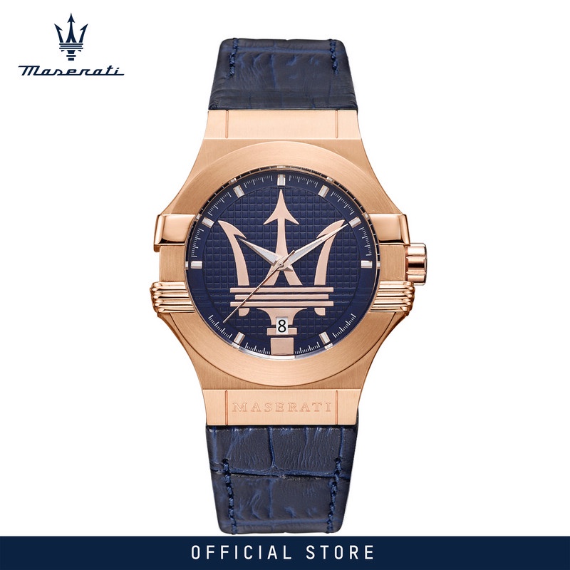 【2 Years Warranty】 Maserati Potenza 42mm Blue Leather Men's Quartz นาฬิกาข้อมือ R8851108027 With Lum