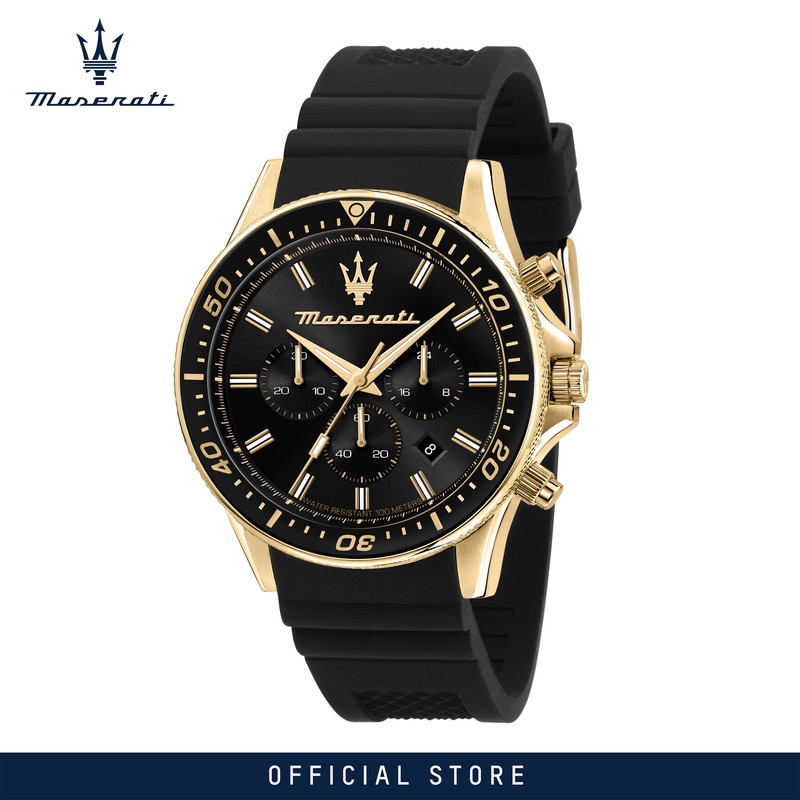 【2 Years Warranty】 Maserati Sfida 44mm Black Silicon Men's Quartz Chronograph นาฬิกาข้อมือ R88716400