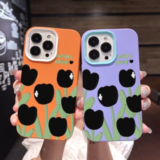 3 in 1 เคสโทรศัพท์ซิลิโคน ลายดอกทิวลิป สีดํา สําหรับ iPhone 14Promax 13 12 11 7Plus X XR