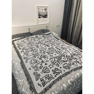 Keith haring Keith haring ผ้าห่มโซฟา อเนกประสงค์ ลายการ์ตูนกราฟฟิติ สีดํา สีขาว