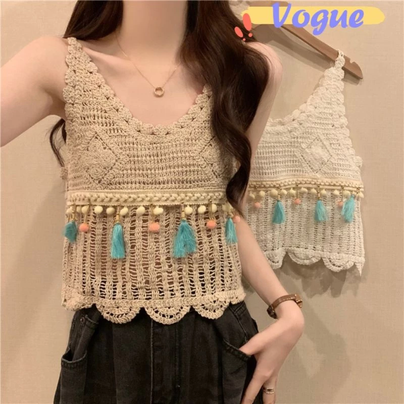 Vogue🌟พร้อมส่ง🌟 เสื้อสายเดี่ยวถักไหมพรม สไตล์โบฮีเมี่ยน (CX0006) -C