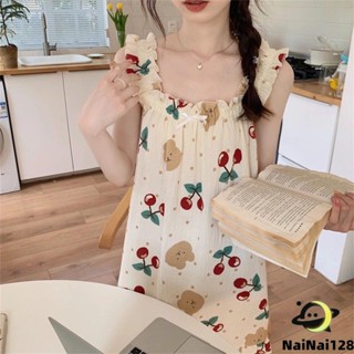 👍ชุดเดรสเกาหลี เดรสลายดอก รูปหมี น่ารัก มาใหม่ คอเหลี่ยม Korean dress【NaiNai 128】