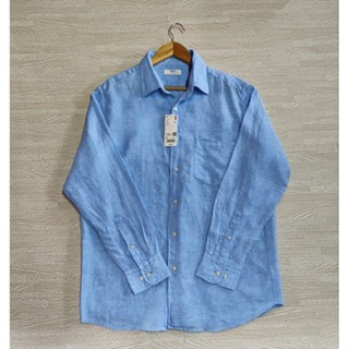 Uniqlo/ยูนิโคล่ เสื้อเชิ้ต ลินิน 100%  (Premium Linen) สีฟ้า Size XL ชาย มือ1