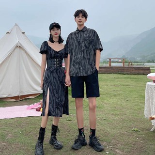 ชุดสาวอวบ ชุดไปทะเล ชุดฤดูร้อนของคู่รัก, การออกแบบเฉพาะ, มัดย้อมสีเข้ม, เอวบาง, ชุดฝรั่งเศส, หนึ่งชุดและหนึ่งแนวโน้มกระโปรง