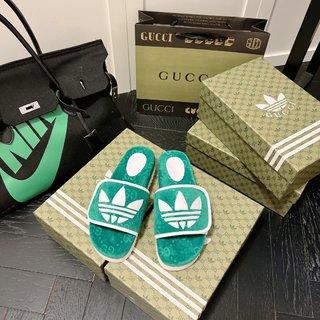 [EUR Size] Adidas x Gucci Co-Branded Clover Velcro รองเท้าแตะ พื้นหนา สีเขียว