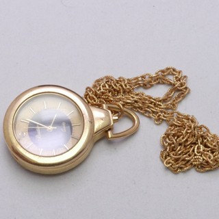 นาฬิกา Vintage มือสองญี่ปุ่น Pocket Watch นาฬิกาพกกระจกเป็นแว่นขยาย QUARTZ พร้อมโซ่ ทรงกลม กรอบทอง หน้าทอง หน้าปัด 34มม