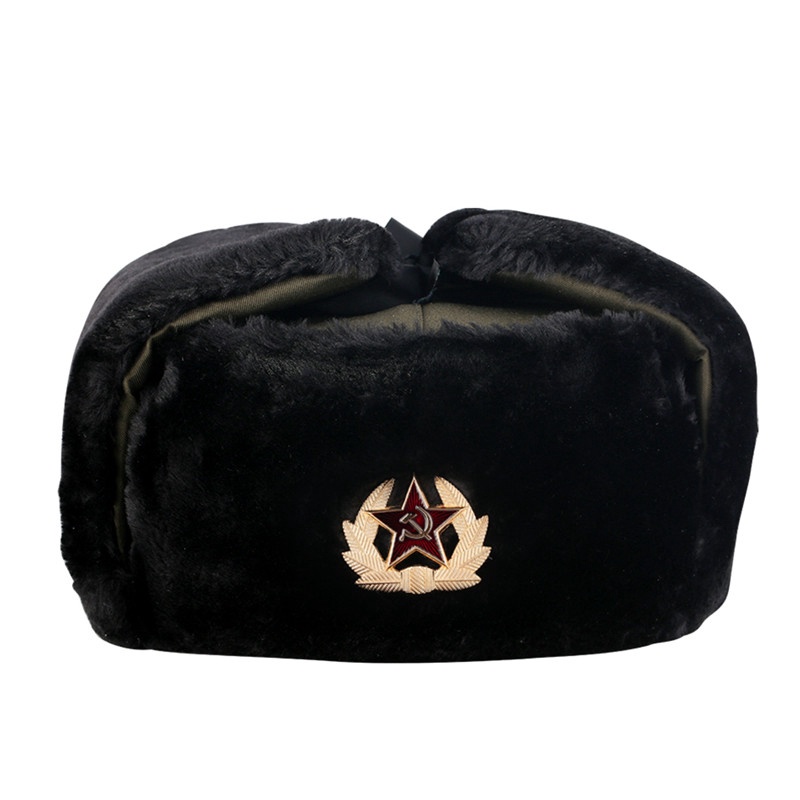 ❤❤❤ღღBlack Lei Feng Hat Winter Hats Soviet Badge Wool Warm Fur Ear Flap Cap IXW9