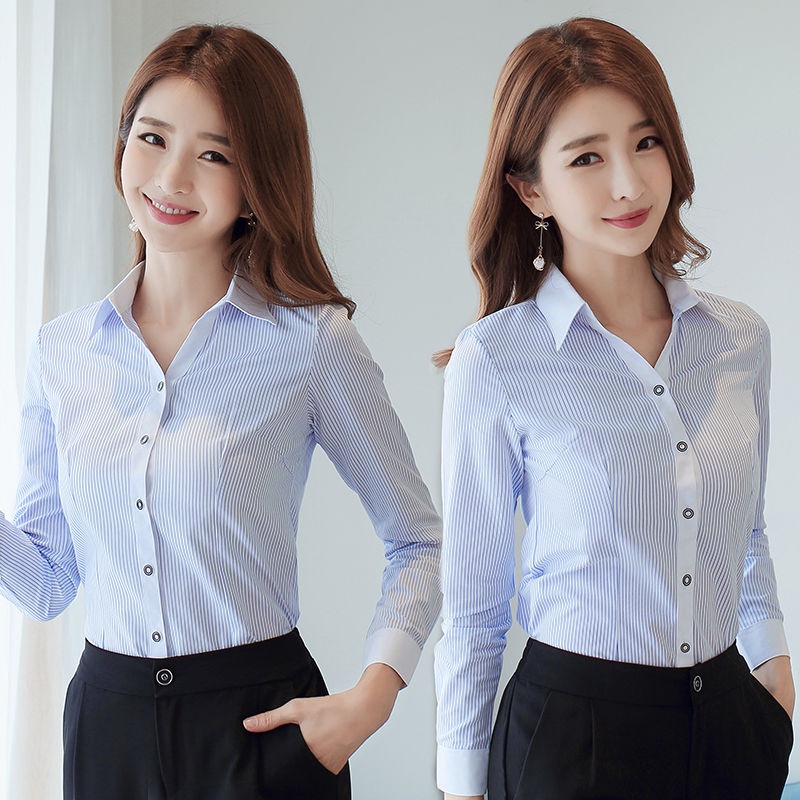 เสื้อเชิ้ตแขนยาว คอวี พิมพ์ลายทาง สีฟ้า เหมาะกับใส่ทํางาน แบบเป็นทางการ สําหรับผู้หญิง