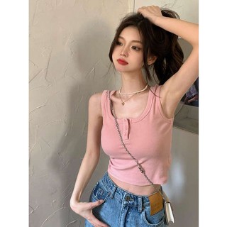 เสื้อครอปสาวอวบ เสื้อกล้ามสายเดี่ยวถักสีชมพูสำหรับผู้หญิงฤดูร้อนแขนกุดกีฬาสาวฮอตโชว์สะดือเซ็กซี่เสื้อตัวสั้นเข้ารูป