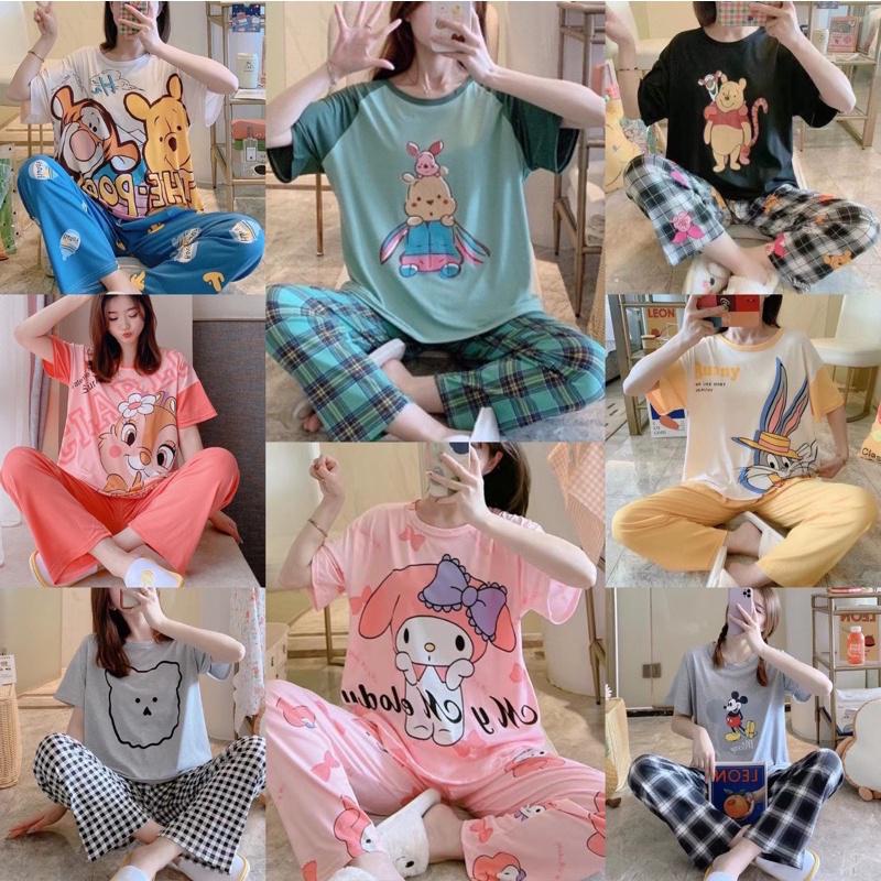 พร้อมส่ง ชุดนอนคอกลม ชุดนอนแขนสั้นขายาว แขนสั้นขายาวคอกลม Free Size ผ้าคอตตอน ผ้านิ่ม ลายน่ารักเข้ามาเพียบจ้า pajamas【LittleStar6】