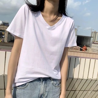 ใหม่ เสื้อยืด คอวี แขนสั้น สีขาว ทรงหลวม สไตล์เกาหลี เรียบง่าย สําหรับผู้หญิง