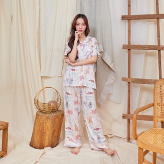 ชุดนอน Muslin pajamas [ โค้ด MUSSEP130 ลด 130 ฿]เยื่อไผ่ แขนสั้นขายาว ผ้านุ่ม ใส่สบาย ระบายอากาศ (รุ่น A402/B402)