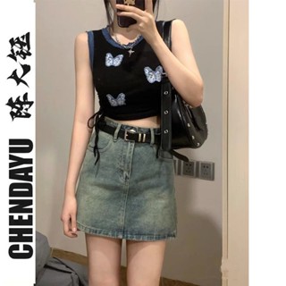 ❀Chen Dayu American retro strappy patch ผีเสื้อแขนกุดเสื้อกั๊กหญิงฤดูร้อนสาวร้อนน้ำขึ้นน้ำลงสั้นบาง