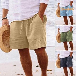 HOT_ Mid-Rise Elastic Waistband Drawstring Men Shorts Pocket Wide Knee ความยาวสีทึบกางเกงขาสั้นชายหาดหลวม Sportwear