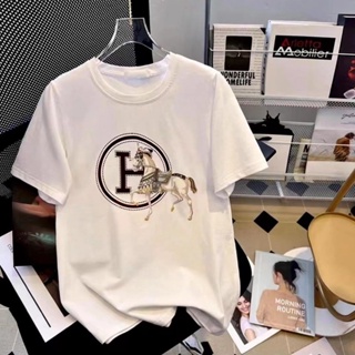 ใหม่ HERMES เสื้อยืดคอกลม แขนสั้น พิมพ์ลาย สไตล์เกาหลี แฟชั่นฤดูร้อน สําหรับคู่รัก 2023