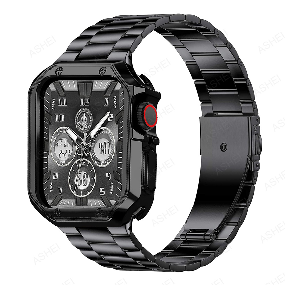 ▩❇►2 pcs Bumper TPU case + Slim Band for Apple Watch 7 Straps 41mm 45mm Metal Wristband for iWatch 40mm 44mm 38mm 42mm S