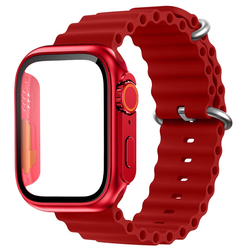 ✢✥Glass+Case+Ocean Strap For Apple Watch band 40mm 44mm 45mm 41mm Change To Ultra case+Silicone Bracelet iWatch series 8