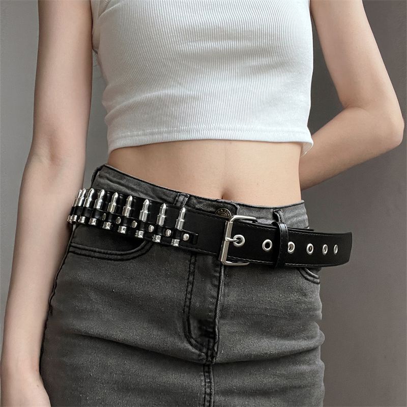 ❍✸วัฒนธรรมย่อยสุดเจ๋ง y2k rivet warhead เข็มขัดสีดำสาวร้อน punk บุคลิกภาพที่เป็นกลางเข็มขัดกางเกงยีนส์ชายและหญิง