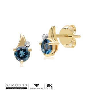 Gemondo ต่างหูทองคำ 9K ประดับลอนดอน บลูโทแพซ (London Blue Topaz) และเพชร ดีไซน์ใบไม้ ทรงสตัด : ต่างหูพลอยแท้