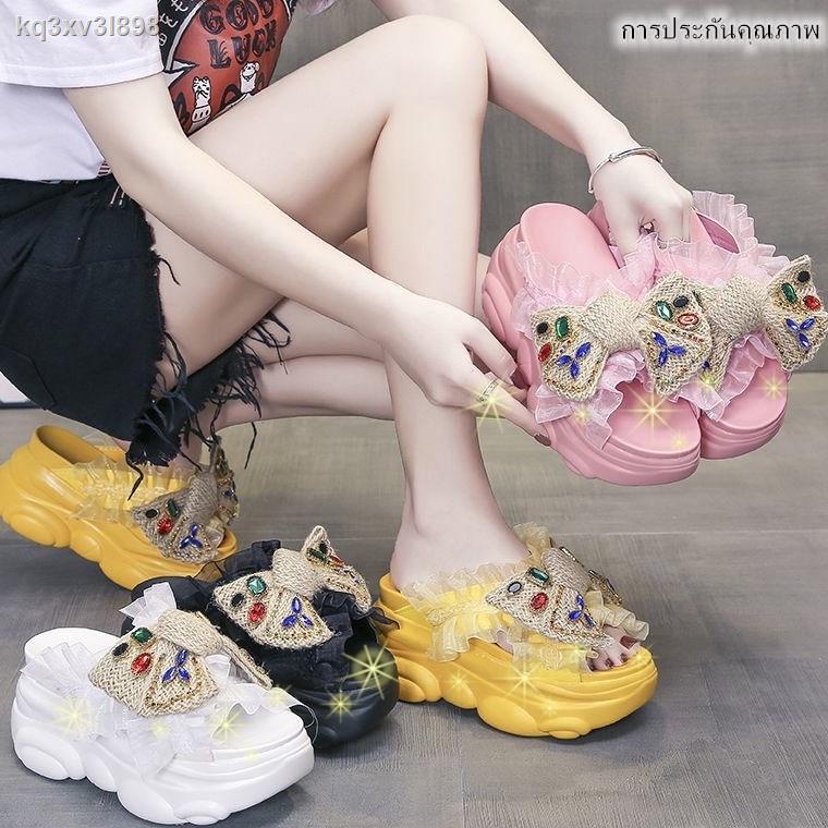 รองเท้าเต้นรำใหม่~รองเท้าส้นเตารีด เเต่งโบว์ พื้นหมี สูง 9 cm.