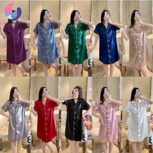 ชุดนอน ชุดนอนเเขนสั้นกระโปรงเเขนสั้น ผ้าซาติน เนื้อนุ่มคุณภาพสูง M-XXL