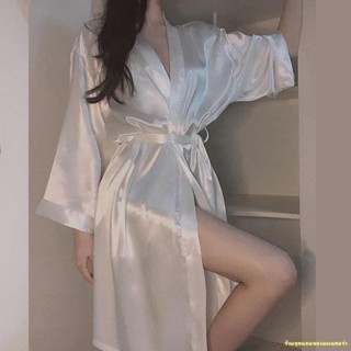 พร้อมส่ง #🔥Nightgown แขนยาวสีทึบความยาวปานกลางในเสื้อคลุมอาบน้ำโรงแรมหลวม