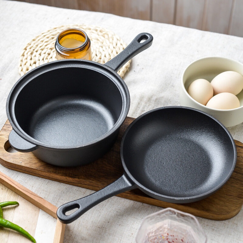 2-in-1, 18cm Pre-seasoned Cast Iron Dutch Oven Kitchen Utensils Set With Handle And Braising Pan, Black Deep Cast Iron S