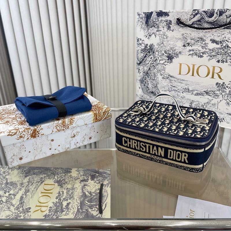 ♙(พร้อมกล่อง) Dior TRAVEL VANITY BAG BLUE OBLIQUE PRINT POWDER PACKAGE
