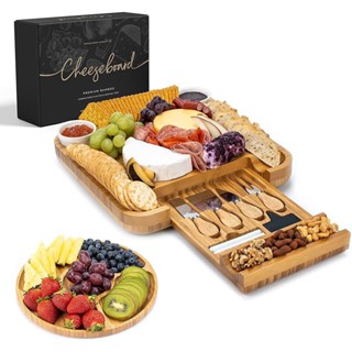 【จัดส่งในไทย/2ชิ้นจัดส่งฟรี】Bamboo Cheese Board and Knife Set: Large Charcuterie Boards Set &amp; Cheese Platter 33*33*4cm