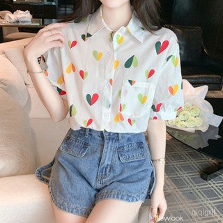 เสื้อชีฟองแขนสั้น ฤดูร้อน เสื้อชีฟองลายดอก ใหม่ เสื้อชีฟองลายดอก สีรุ้ง เสื้อผู้หญิงเก๋ๆน่ารัก