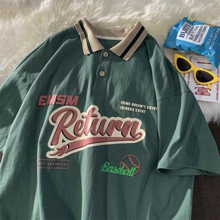 เสื้อโปโลโอเวอร์ไซส์ เสื้อยืดแขนสั้นผู้หญิง สไตล์เกาหลี ทรงหลวม