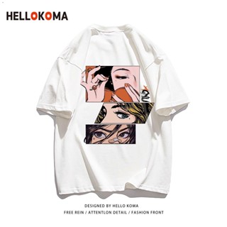 Hello KOMA เสื้อยืดคอกลม ผ้าฝ้ายแท้ พิมพ์ลาย ทรงหลวม สไตล์สตรีท สําหรับผู้หญิง และผู้ชาย