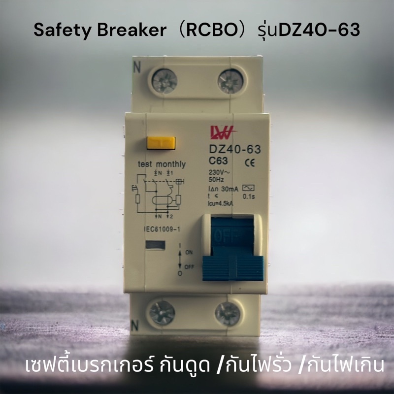 Safety Breaker (RCBO) เซฟตี้เบรกเกอร์ กันดูด กันไฟรั่ว กันไฟเกิน 2P 63A AC 230V รุ้น DZ40-63 พร้อมส่งของจากไทย