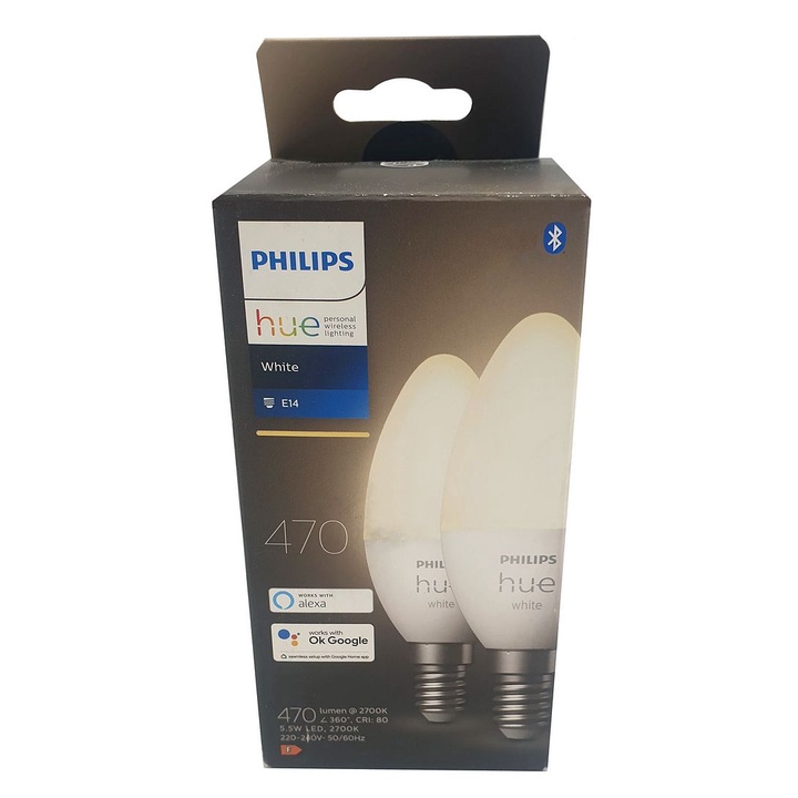 Philips Hue White 5.5W E14 Candle (470 lm) Soft Warm White LED Smart Light Bulb, 2-pack