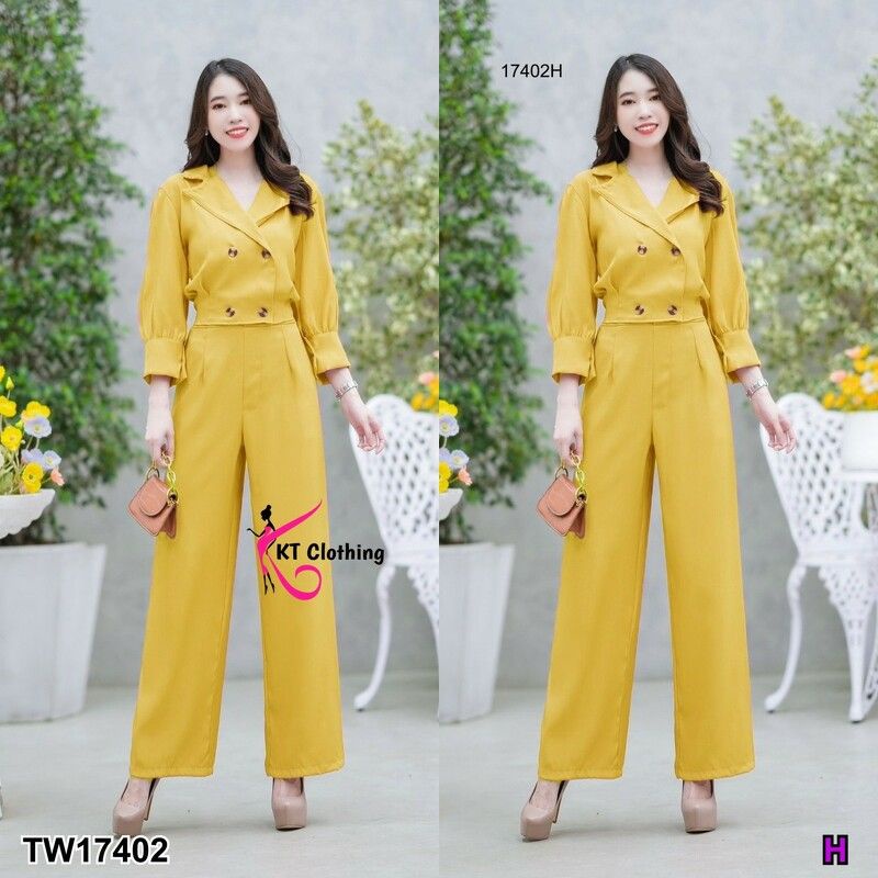 ชุดเซท (มีหลายสี) เสื้อคอปกสูท แขนพอง ทรงครอป + กางเกงขายาว ชุดทำงาน มีดีไซน์เรียบหรู เสื้อผ้าแฟชั่น 17402 - รูปที่ 5
