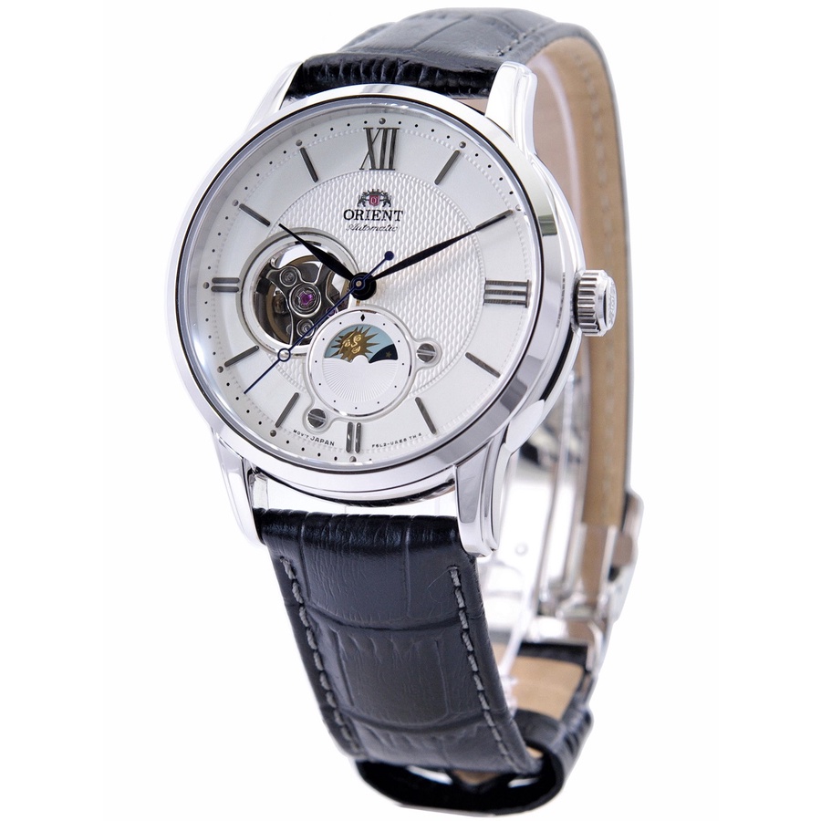Orient Watch Sun &amp; Moon นาฬิกาข้อมือกึ่งโครงกระดูกอัตโนมัติ (พร้อมไขลานแมนนวล) สีขาว รุ่น Ra-As0011S10B สําหรับผู้ชาย
