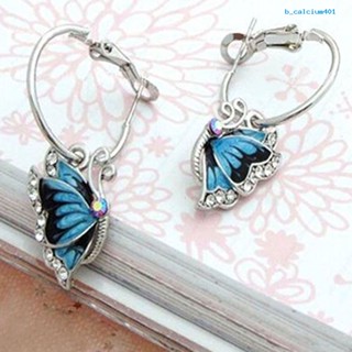 Calciumps Women 1Pair Blue Crystal Rhinestone Enamel Butterfly Dangle Hoop Earrings Earbob