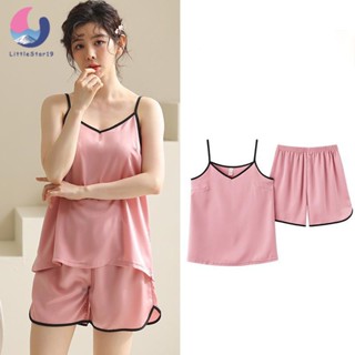 silk pajamas ชุดนอน กางเกงขาสั้น คอวี แบบบาง แฟชั่นฤดูร้อน สําหรับผู้หญิง Womens pajamas 【LittleStar19】