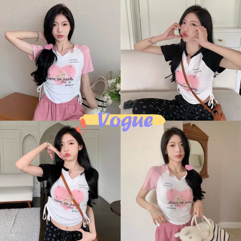 Vogue พร้อมส่ง เสื้อไหมพรมแชนสั้น คอวีเล็ก ลายกระต่ายสีพาสเทล (3066) -C